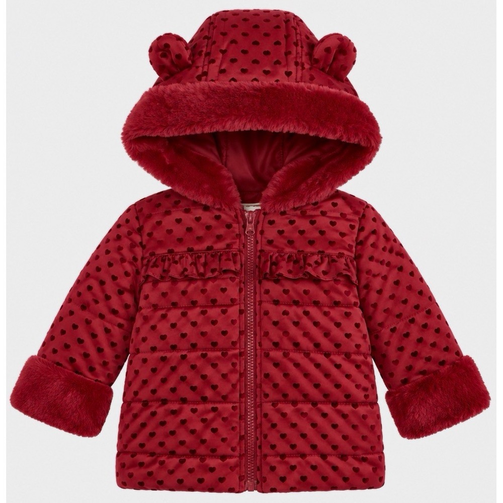 NEW First Impressions Baby Girls Hooded Heart-Flocked Jacket Burnt Leaf 0-3M